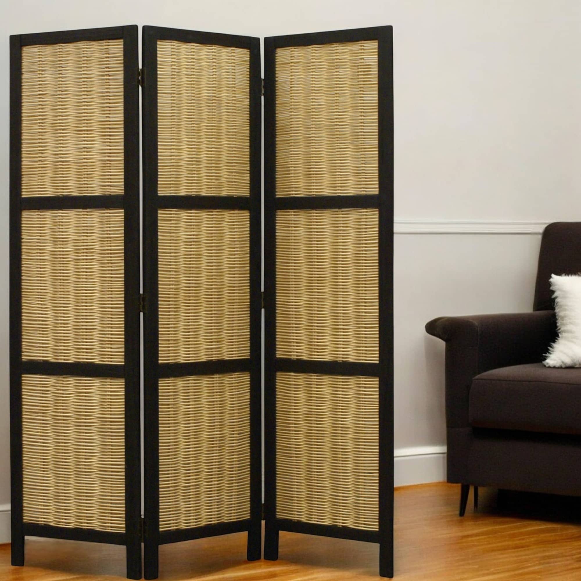 HomeRoots 67" Brown Folding Three Panel Screen Room Divider - 47' X '67' X '1