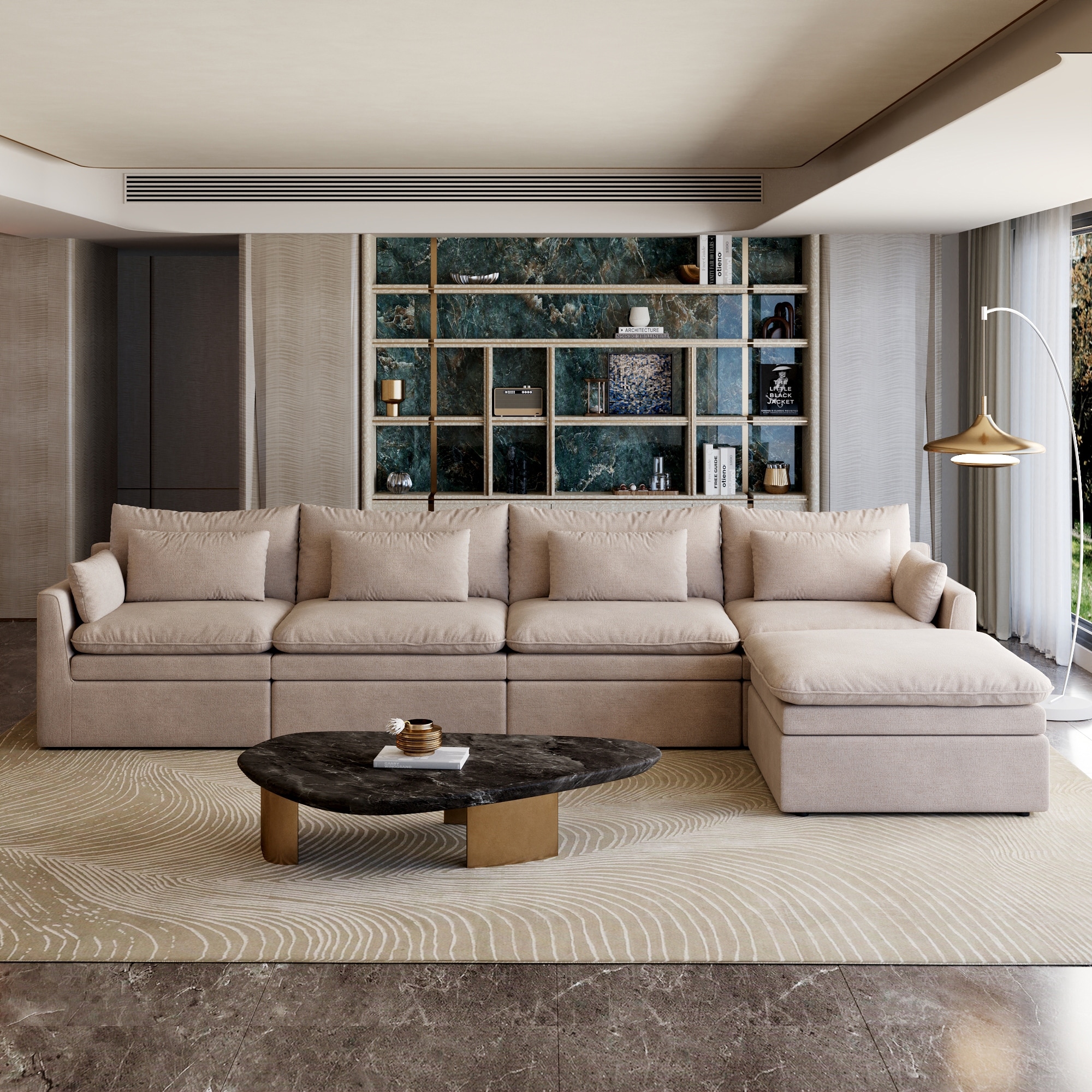 4 Seat Spacious Sectional Sofa Dual-Layer Cushions With Ergonomic Design, Ottoman