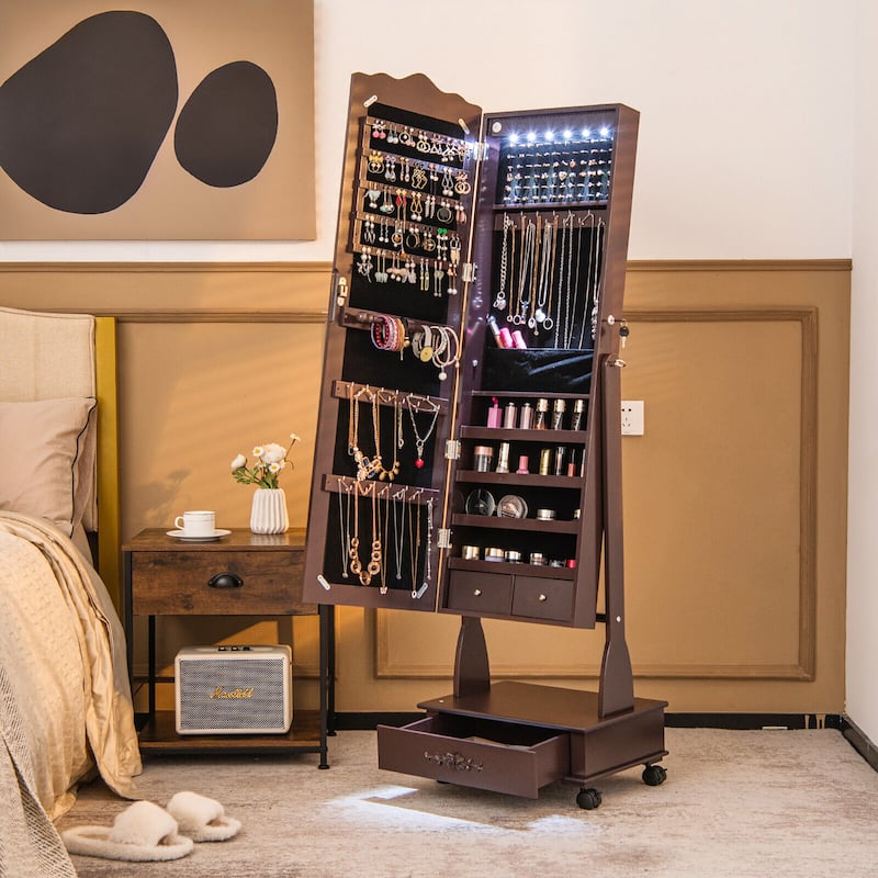 Gymax Rolling Jewelry Cabinet Armoire Full Length LED Mirror Lockable