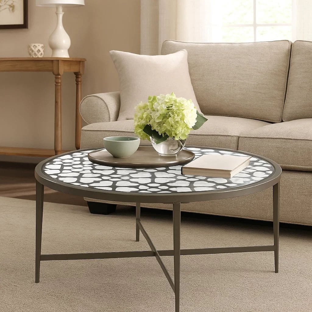 Round Glass Top Coffee Table with X Support Metal Base, Silver
