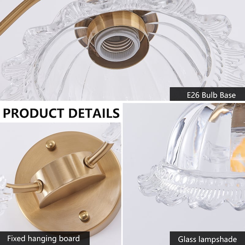 20 Inch 2-Light Vintage Bathroom Wall Sconce, Metal and Glass Lampshade Vanity Light Fixture