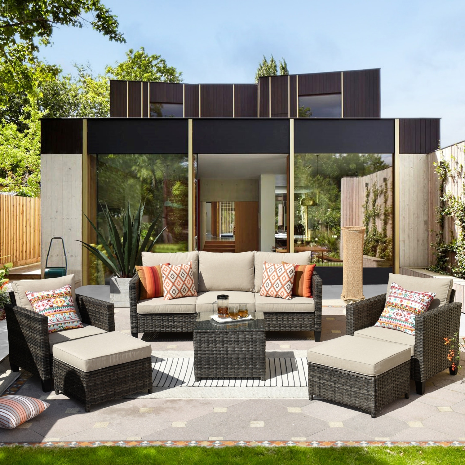 OVIOS 6 piece Outdoor High back Wicker Sectional Set With Table