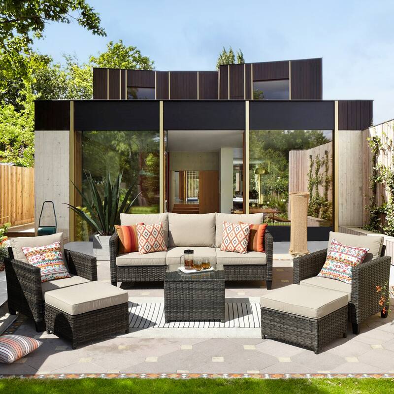 OVIOS 6-piece Outdoor Patio Wicker Conversation Set With Glass-Top Table