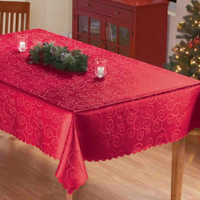 Solid Scroll Scalloped Edge Tablecloth - Red - 60" x 90"