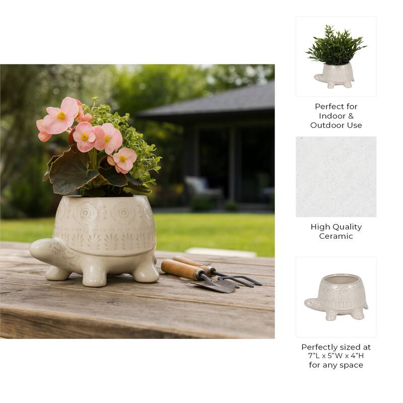 Plant Pot - White Ceramic Turtle Shaped Floral Carved, 7" - 7.0"