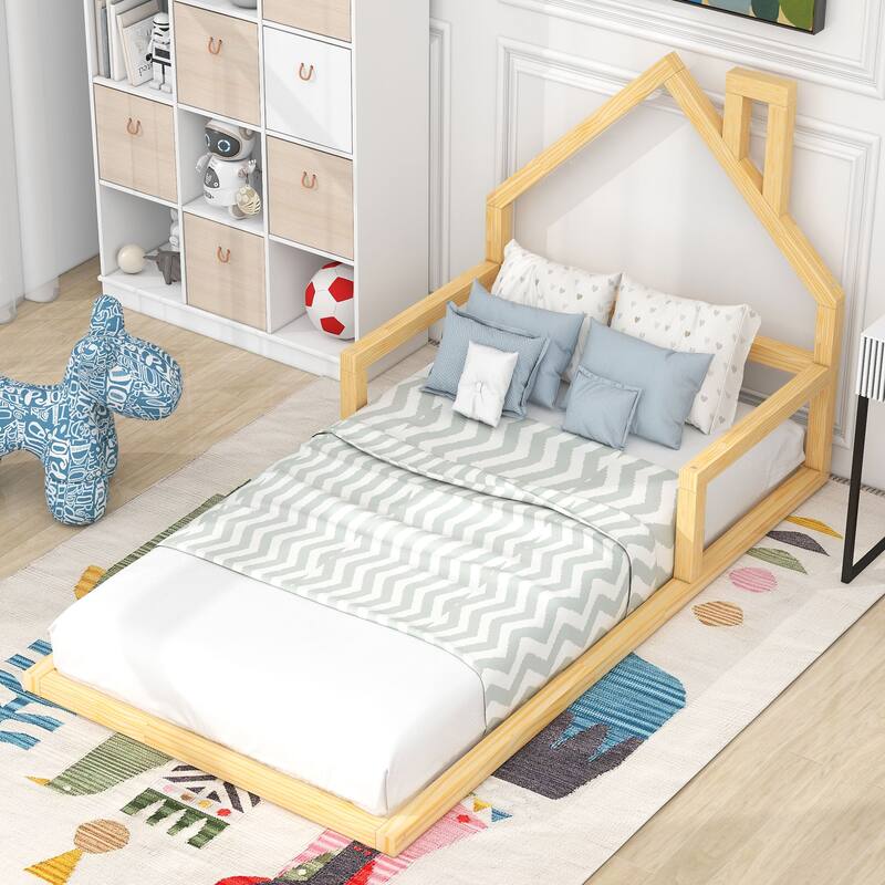 Twin Size Floor Bed with House-shaped Headboard in Natural Finish