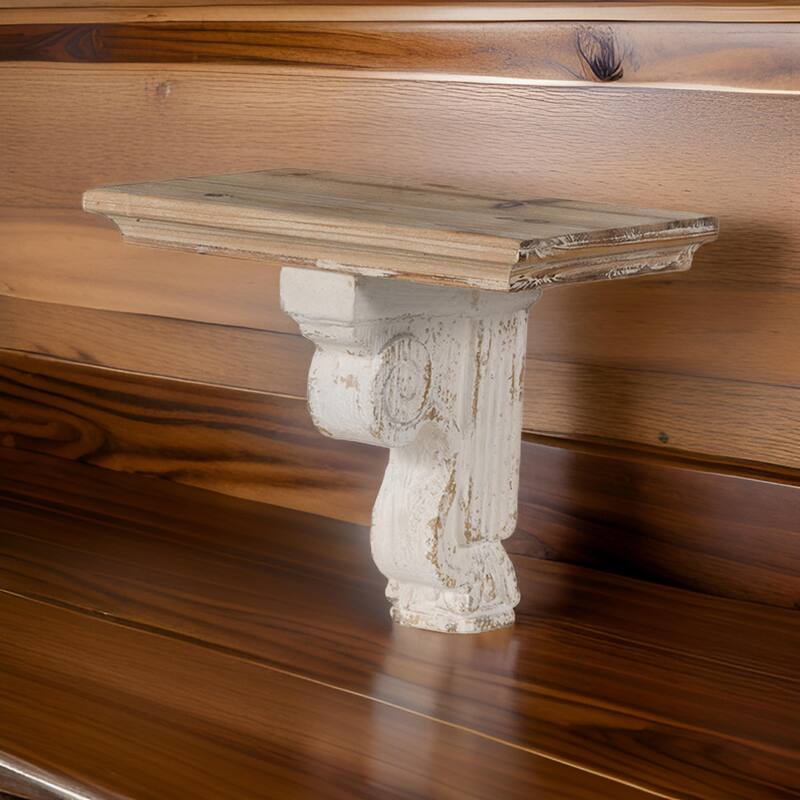 Rick 14 Inch Wall Shelf, Rectangular Brown Top, Fir Wood, Distressed White