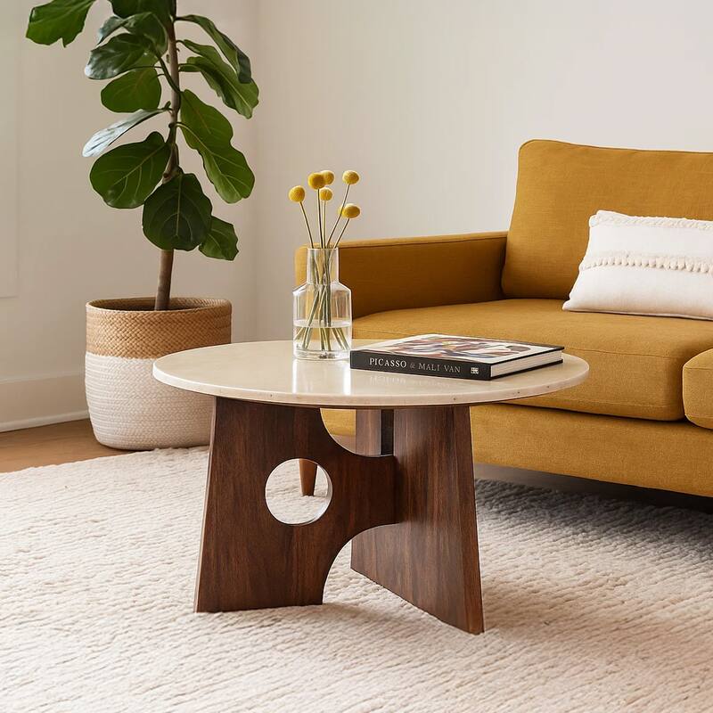 Kali Coffee Table 27" Natural Round Marble Tabletop Dark Brown Mango Wood Sculptural Base