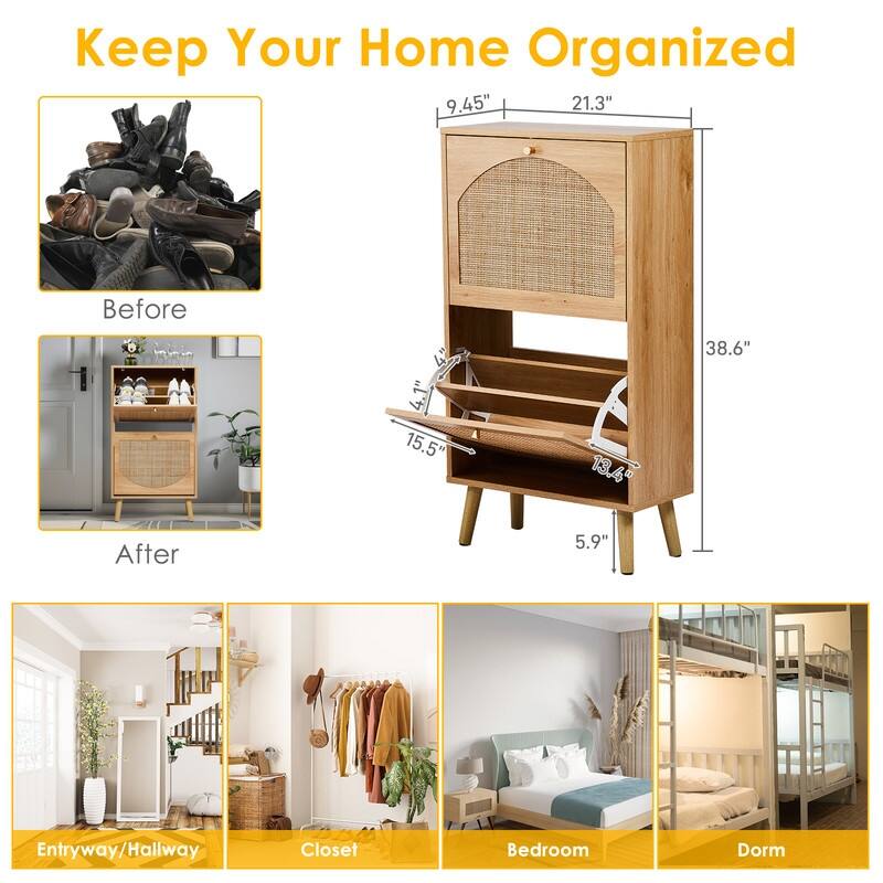 Rattan Shoe Cabinet with 2 / 4 Flip Drawers, Narrow Shoe Storage Cabinet,Organizer for Entryway, Bedroom, Living Room