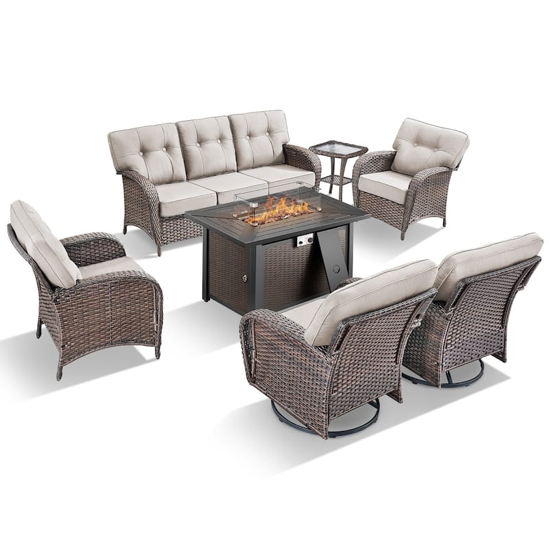TWrap Wicker Patio Iron Fire Pit Conversation Set with 3-Seat Sofa & Swivel Gliders & Armchairs
