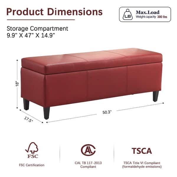 dimension image slide 3 of 7, 50.3" x 17.50" x 18" Upholstered Rectangular Storage Ottoman-Faux Leather