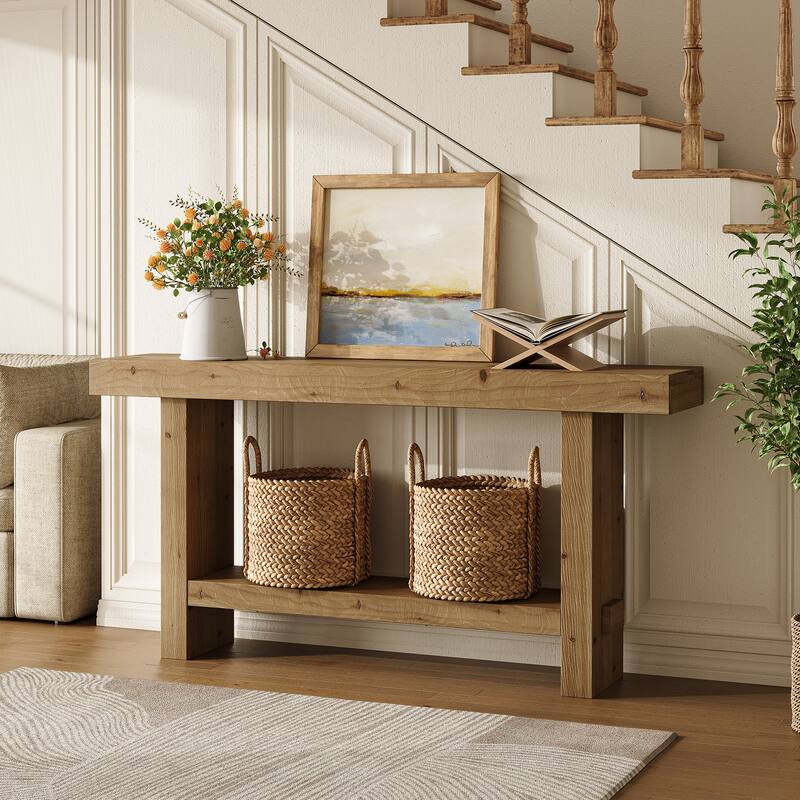 63'' Solid Wood Console Table with Shelf, 2-Tier Narrow Entryway Table