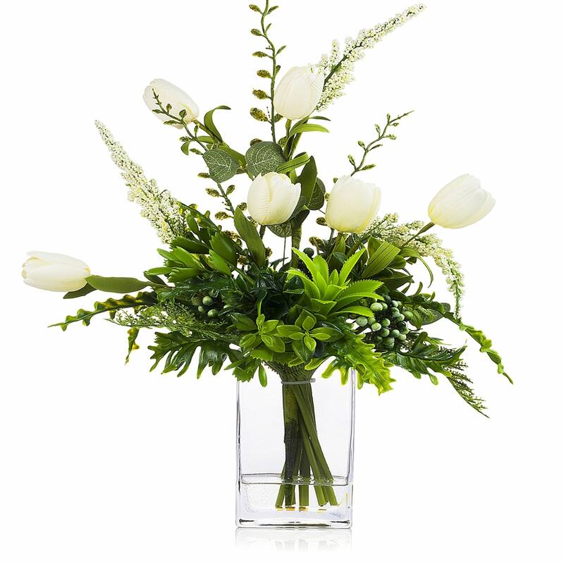 Enova Home Artificial Silk Tulips Fake Flowers and Mixed Greenery in Clear Glass Vase with Faux Water for Home Office Decoration - Cream White