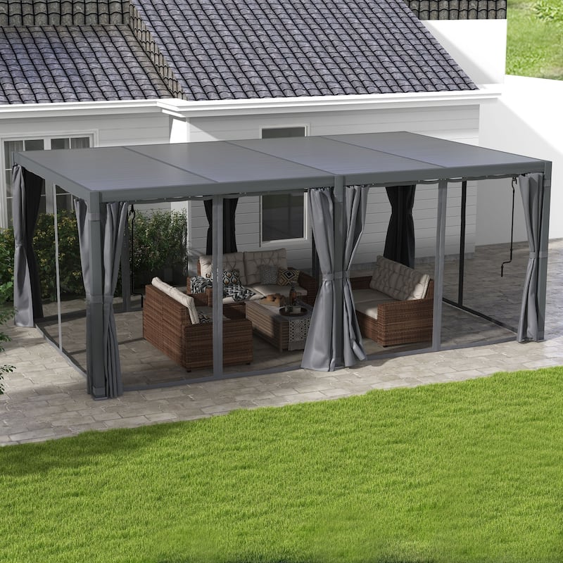 Outsunny 12' x 19' Louvered Pergola Hardtop Gazebo with Adjustable Aluminum Roof and Frame, Outdoor Pergola with Curtains