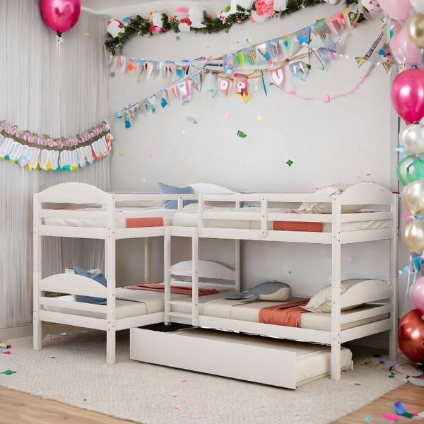 slide 2 of 14, Functional and Aesthetic Design Twin L-Shaped Bunk bed with Trundle, Elegant Design Twin L-Shaped Bunk bed with Trundle White
