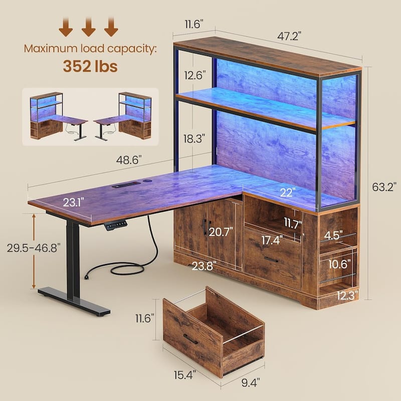 L Shaped Stand or Sit Computer Desk Adjustable Height Electric Desk Drawer Bookshelf