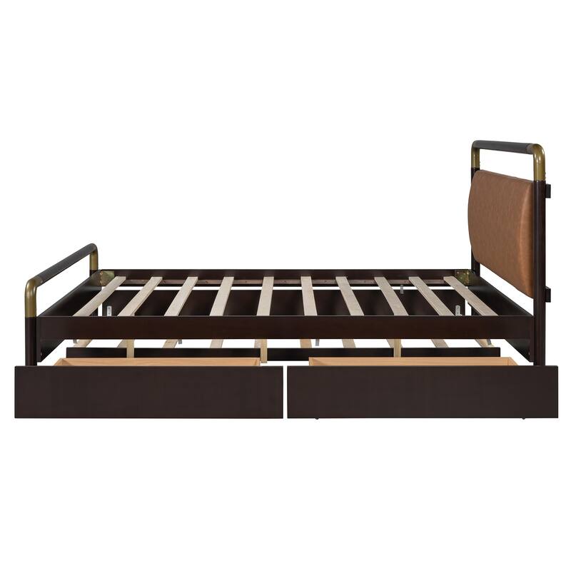 Modern Queen Platform Bed with Soft PU Leather Backrest, Trundle & Storage Drawers, White/Walnut Finish