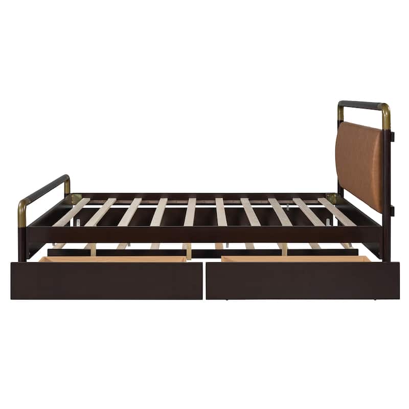 Queen Size Wooden Platform Bed with Upholstered Headboard, Solid Pinewood Storage Bed Frame with 2 Drawers and Twin-XL Trundle