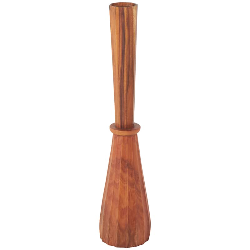 Brown Wood Handmade Tall Pleated Hourglass Floor Vase