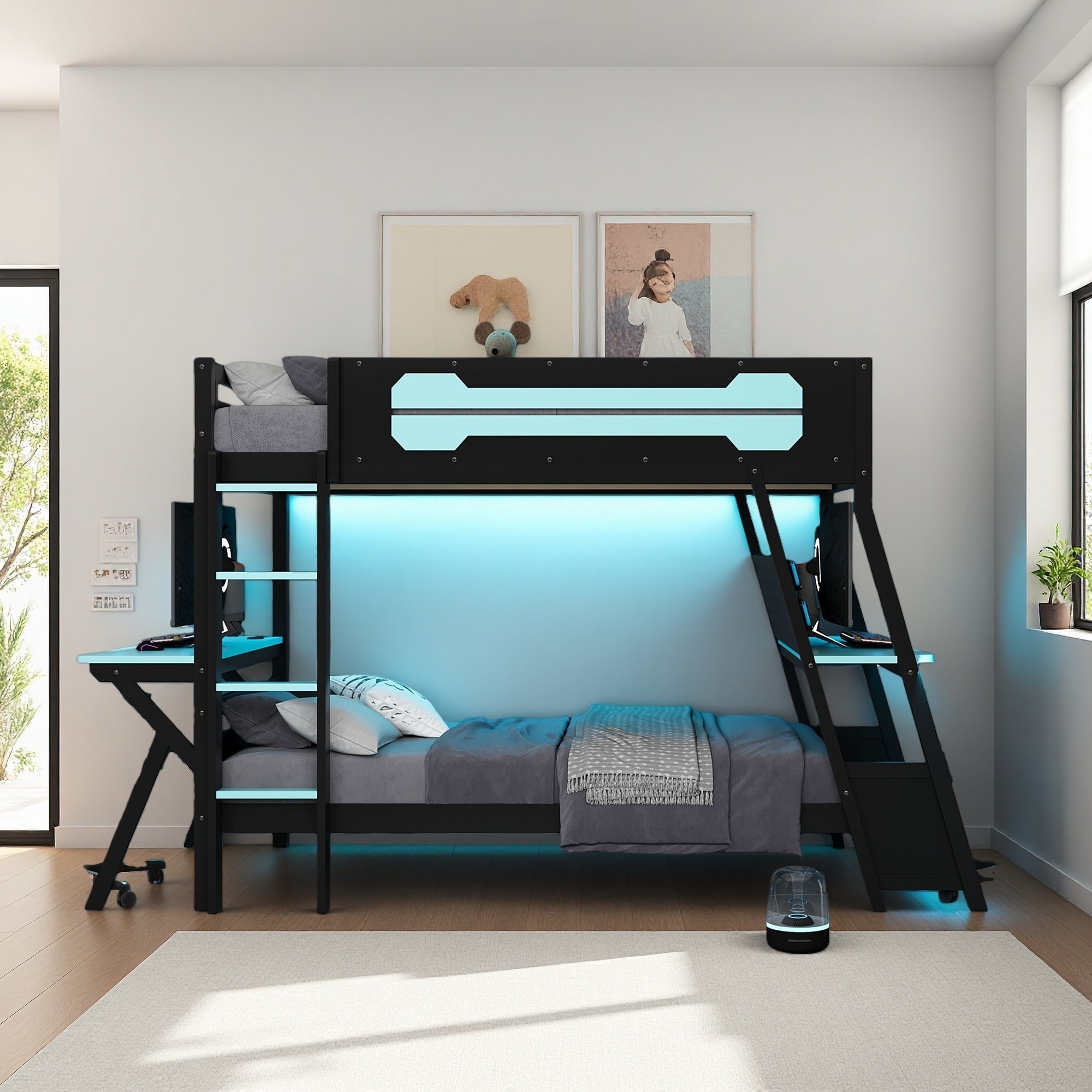 Twin Size MDF & Wood Bunk Bed with Dual Built-In Gaming Desks, USB Ports & Pegboard Organizer, E-Sports Inspired Gaming Bunk