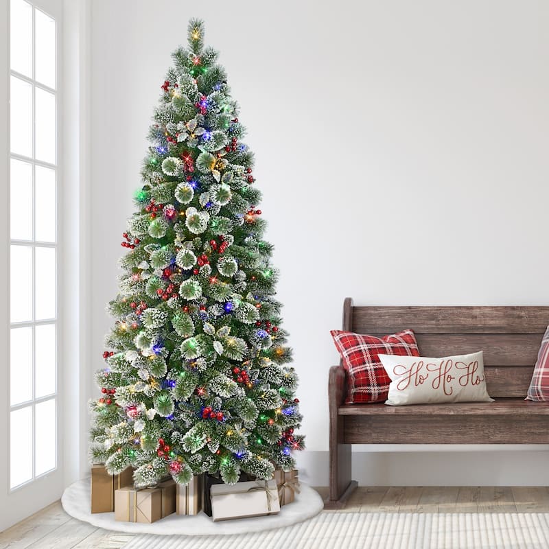 Pre-Lit Slim Silverton Pine Snowy Artificial Christmas Tree - 7.5’ - Multi Lights