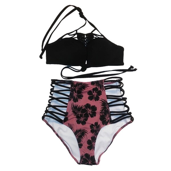 high waist cross front strappy neck bikini set