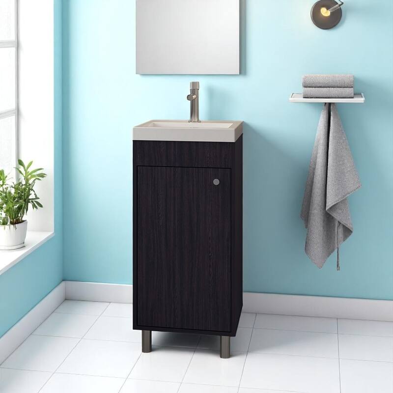16" Bathroom Vanity with Integrated Sink,Compact Freestanding Cabinet with Storage,Ideal for Small Bathrooms,No Faucet Included - Black - 16" Engineered Wood