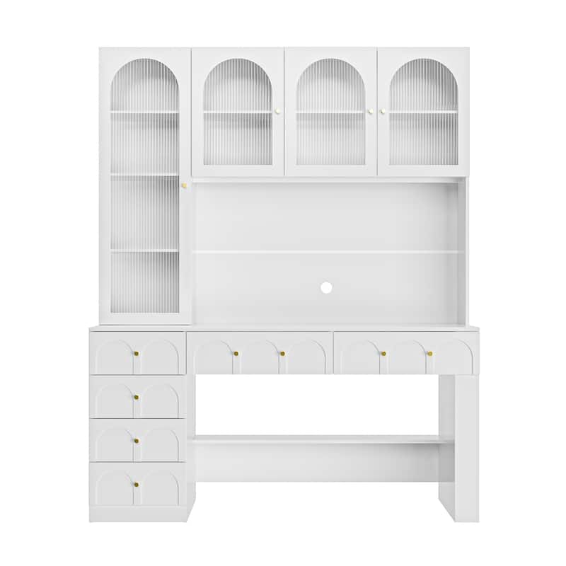 63” Modern White Computer Desk with Hutch & Drawers, Tempered Glass Cabinet Doors, Large Storage Home Office Workstation