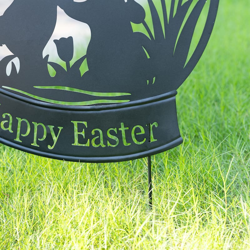 Glitzhome 30"H Easter Metal Silhouette Bunny Couple Yard Stake Wall Decor (Two Function)
