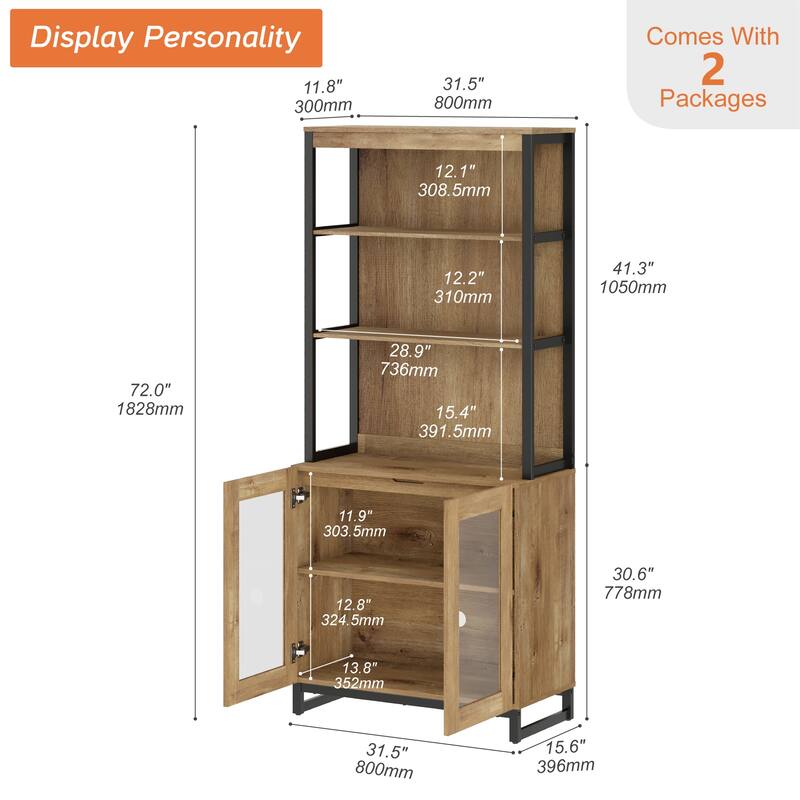 Modern 72" Sideboard with Glass Doors and Adjustable Shelves, Multifunctional Buffet Cabinet for Dining Room or Kitchen