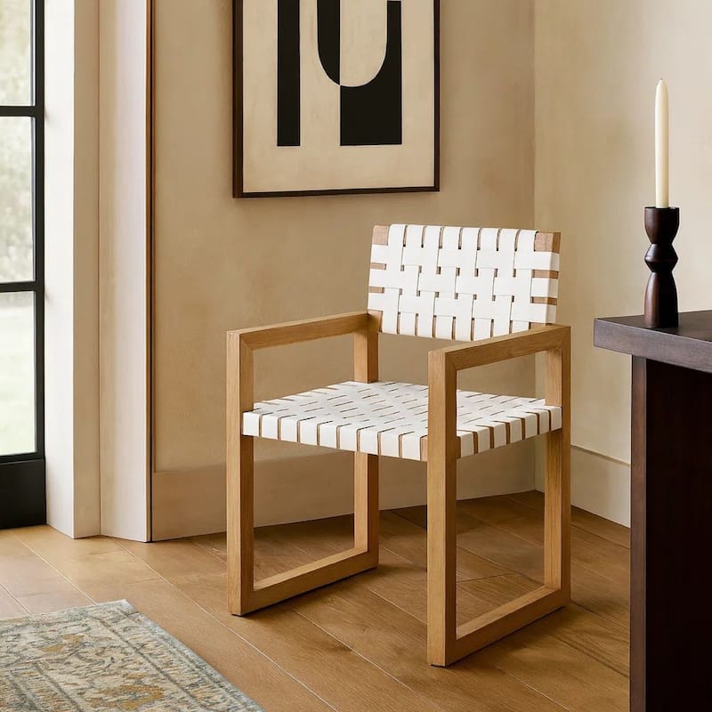 Rux Dining Armchair, Faux Leather Woven Seat, Sled Leg, White, Brown