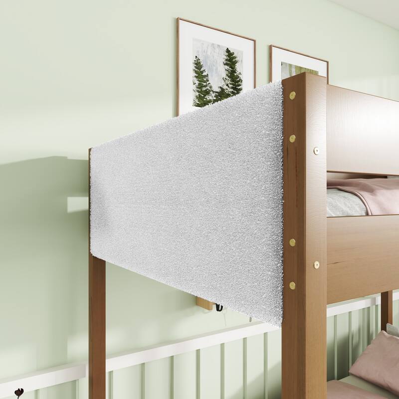 Natural Bunk Bed Twin Over Twin Size Bed Frame with Ladder, Guardrails, Teddy Fleece Fabric Headboard and Footboard