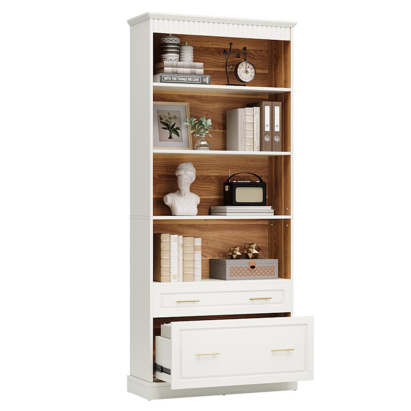 5-tier Tall Modern Wood Bookcase Bookshelf with File Cabinet Drawer