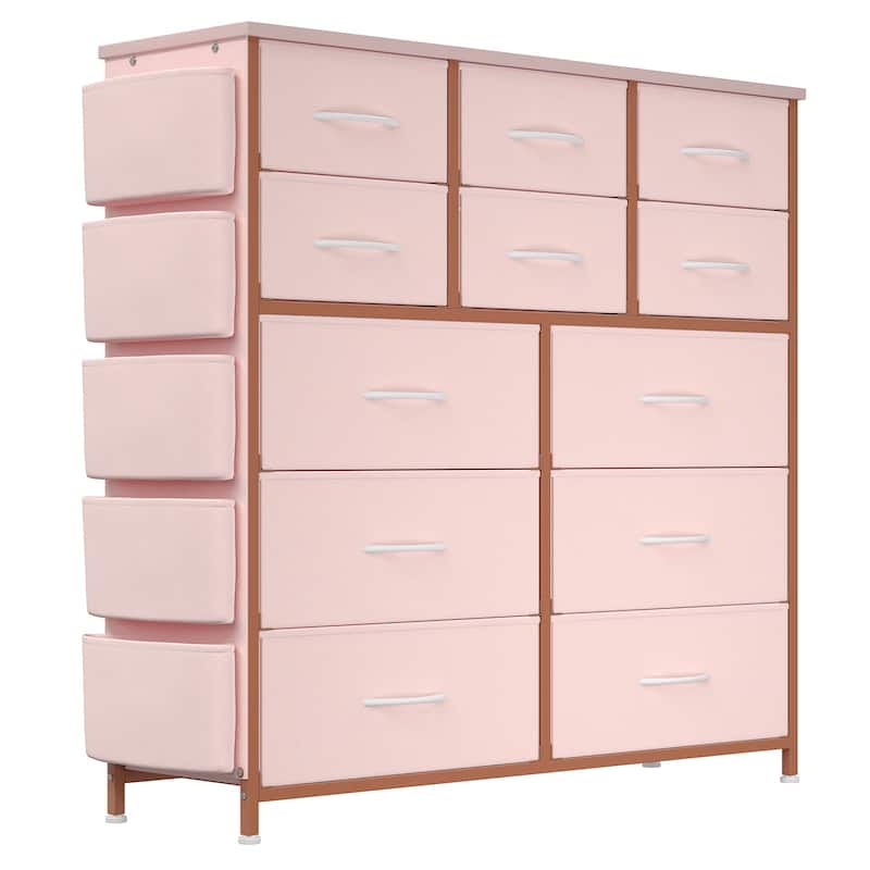 12 Drawer Dresser, Storage Organizer Unit with Fabric - Pink