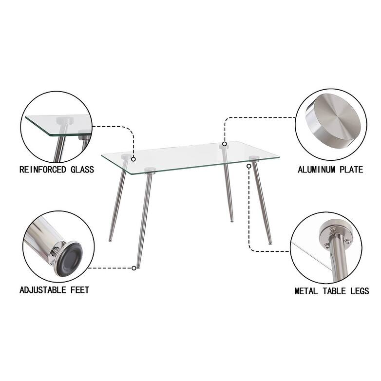 Glass Dining Table, Modern Rectangular Table with Tempered Glass Tabletop & Sliver metal Legs, Simplistic Kitchen Table