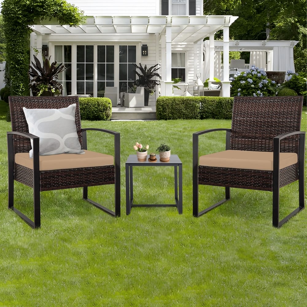 3-PC Outdoor Wicker Conversation Set w/ 2 Cushions, Glass Coffee Table