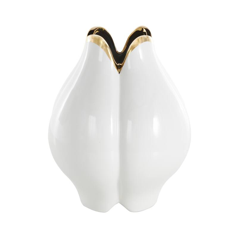 White Ceramic Dimensional Tulip Shaped Vase with Metallic Gold Rim
