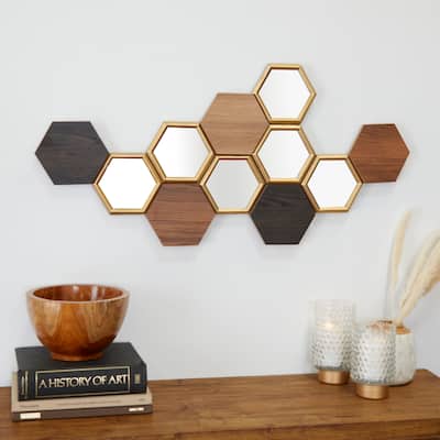 CosmoLiving by Cosmopolitan Brown Wood Honeycomb Geometric Home Wall Decor with Mirrors