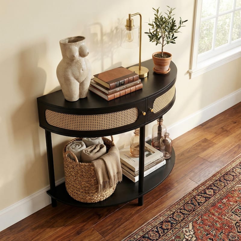Homy Casa 31.5" Demi-Lune Console Table with 2 Drawers & Shelf, Wave-Pattern Front, Solid Wood Legs, Multiple Colors - Real-Rattan - Black - MDF