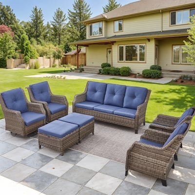 Gymojoy Rattan Chairs with Sofa and Ottoman, Swivel Chair - Grey