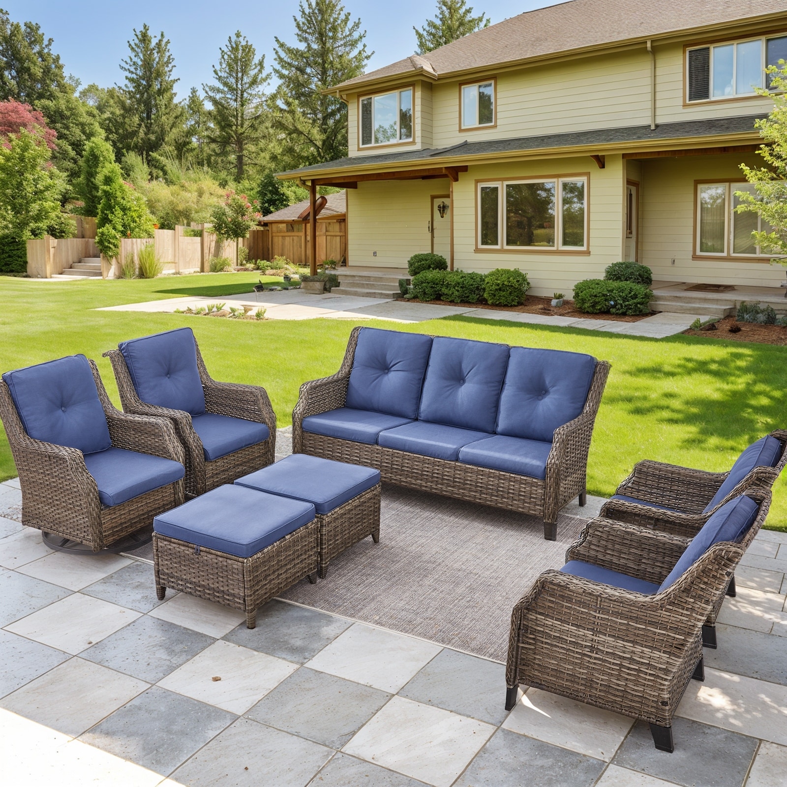 Gymojoy Rattan Chairs with Sofa and Ottoman, Swivel Chair - Grey Wicker