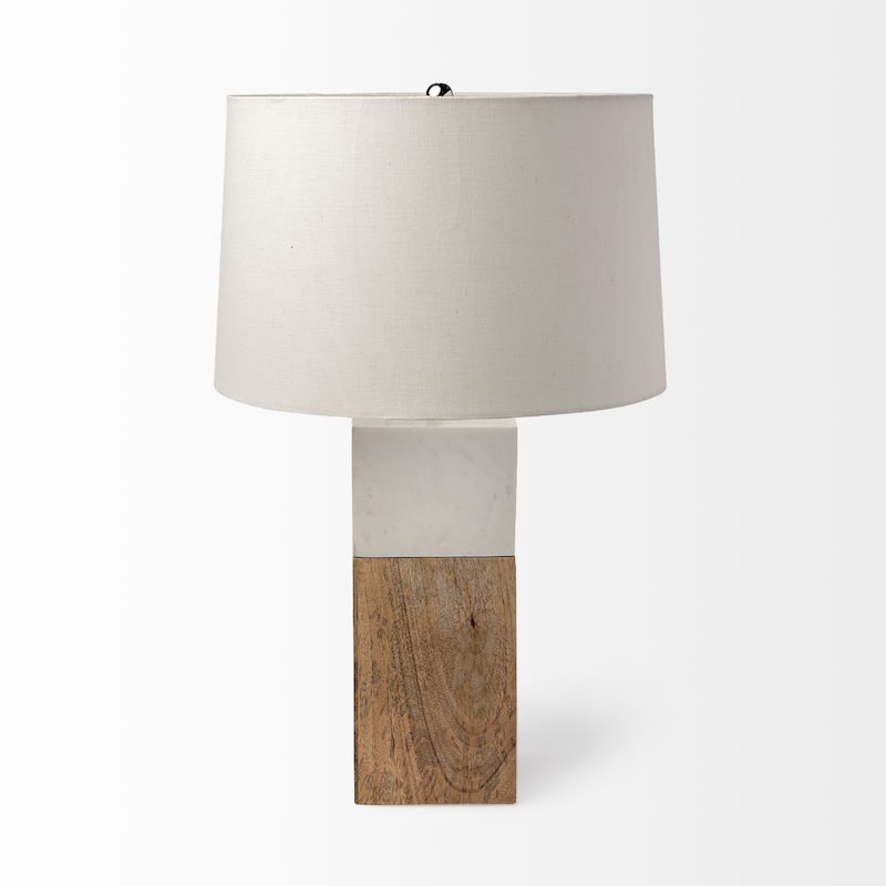 Brown Solid Wood Table or Desk Lamp Base with White Fabric Drum Shade 3 Way Switch - 13” x 13” x 22.25” (D x W x H)