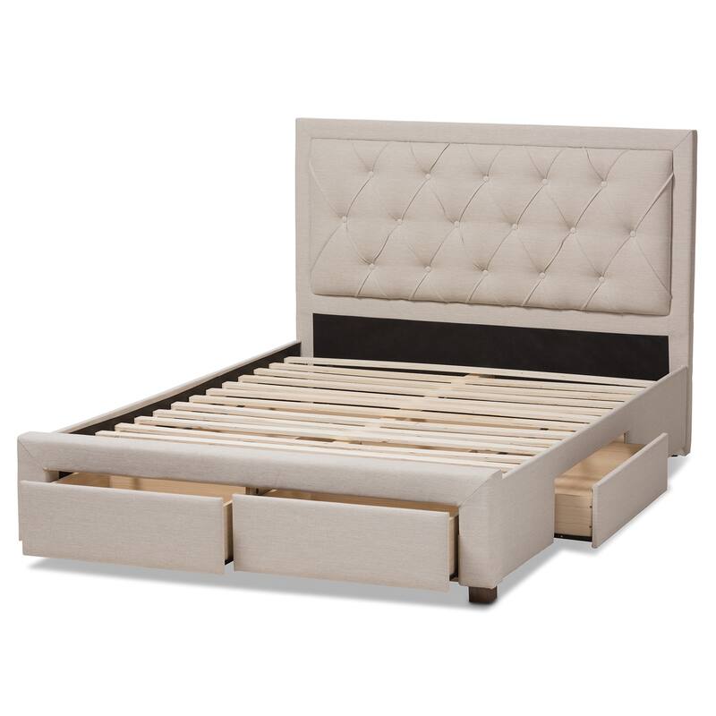 Modern Fabric Storage Bed - Beige Upholstered Platform Bed Frame - Low Profile Bed for Bedrooms