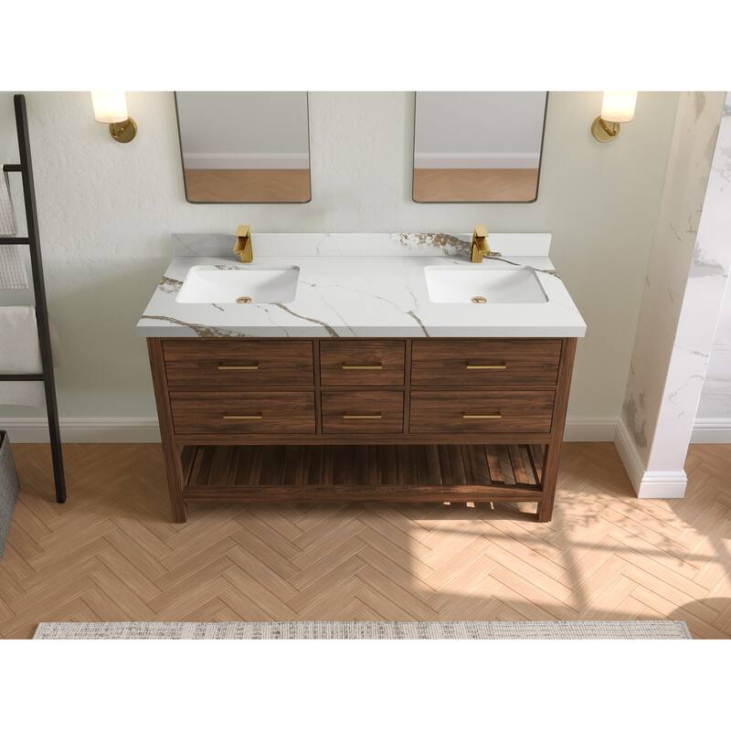 Willow Collections 60 in. W x 22 in. D Parker Solid Teak Double Sink Bathroom Vanity with Countertop