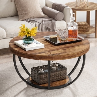 31.7" Round Coffee Table, Rustic 2-Tier Center Table with Storage Open Shelves