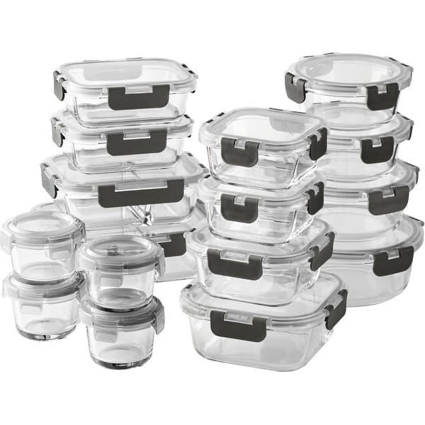 COOK WITH COLOR Premium 32-Pc. Borosilicate Glass Food Container Set with Dividers Leakproof Lids - Meal Prep, Storage - Black
