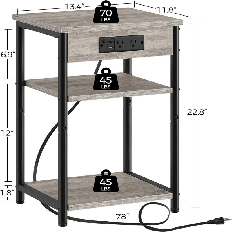 End Table with Charging Station - 11.8"D x 13.4"W x 22.8"H