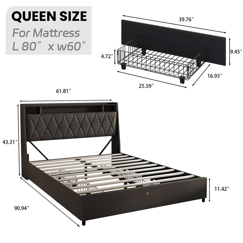 Queen Bed Frame with Ergonomic Headboard, Built-in Outlets & Charger, LED Light & Storage Shelf, Noise-Free Metal Platform Bed