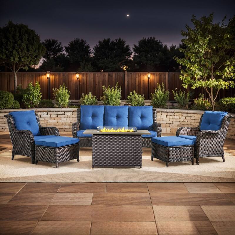 Gymojoy 6-Piece Outdoor Furniture Sofa Set with 2 Patio Chairs, 2 Ottomans & 55K BTU Fire Pit Table - Brown Wicker / Blue Cusion - 6-Piece