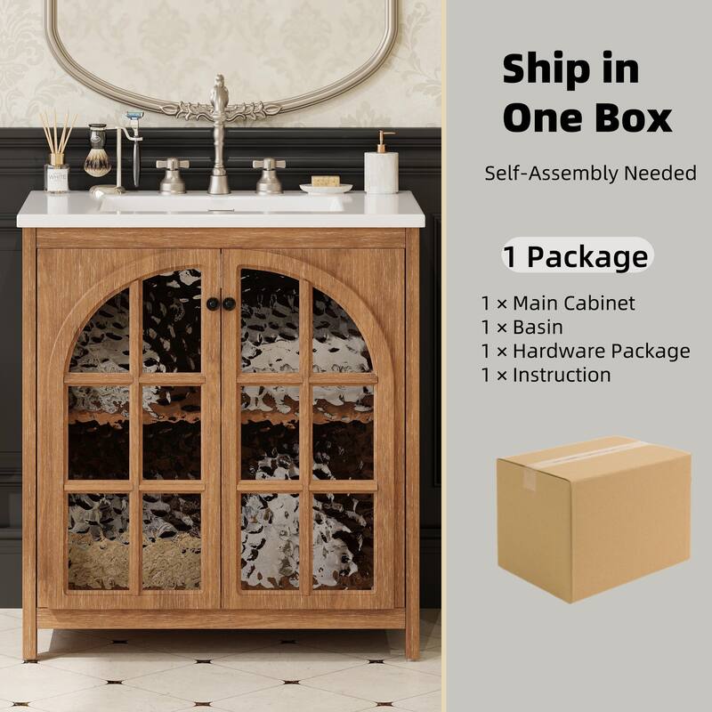 31" Vintage Bathroom Vanity with Ceramic Sink, with Bronze Pulls and Tempered Glass